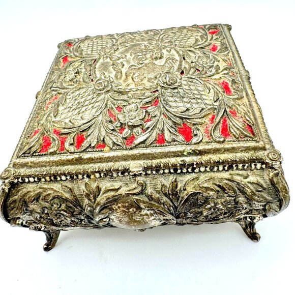 Vtg Gold Tone Jewelry Trinket Box Red Velvet Floral Angel Bird Relief Gift - Picture 1 of 8